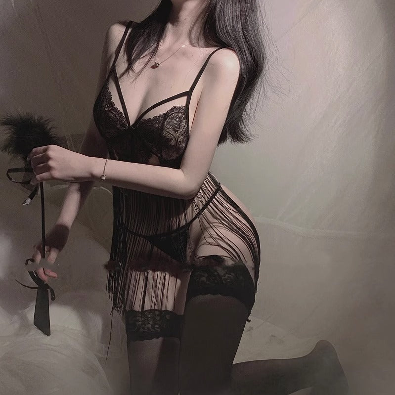 Image of Astringent desire erotic lingerie sexy backless temptation lace see-through strap tassel free nightdress uniform set 0740